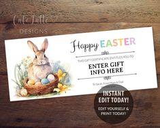 an easter gift certificate with a bunny in a basket