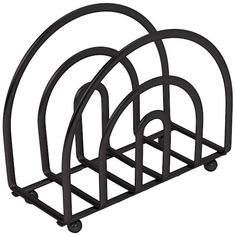 three black metal racks with wheels on each side and one is holding four different sized items