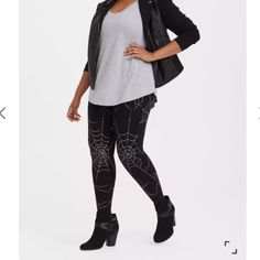 Stylish Black Pants With Spiderweb Design. Perfect For A Unique Look. An All-Over Spider Web Print Spices Up A High Waisted Legging And Are So Comfortable With A Second-Skin Fit That Smooths Your Tummy. High Waist Thick Waistband Tapered Leg Opaque - Never See-Through Content + Care Cotton/Spandex Wash Cold; Dry Low Imported Plus Size Leggings Size + Fit Model Is 5'9", Size 1 27" Full Length Inseam Bin 16 #1261 Spiderweb Design, Plus Size Leggings, Spider Web, High Waisted Leggings, Second Skin, Waist Size, Tapered Legs, Cotton Spandex, Black Pants