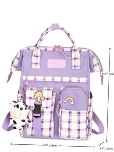 Bag For Love - Cartoon Charm Plaid Pattern School Bag - Women Backpacks Product Description Color Purple Strap Type Adjustable Strap Type Double Handle Pattern Type Cartoon Pattern Type Plaid Style Preppy Bag Size Large Quantity 1 piece Type Functional Backpack Composition 100% Nylon Material Nylon Size Chart INCH CM Size Bag Width Bag Height Bag Length Strap Length one-size 5.5 14.2 9.8 25.6 Size Bag Width Bag Height Bag Length Strap Length one-size 14 36 25 65 Similar Products h2 { text-align: Large Capacity Purple Bag For Back To School, Back To School Large Capacity Purple Bag, Purple Shoulder Backpack For School, Casual Square Back To School Bag, Casual Square Back-to-school Bags, Purple Shoulder Bag For Daily Use, Back To School, Casual Square School Backpack, Everyday Kawaii Rectangular Backpack, Casual Purple Shoulder Bag For Students