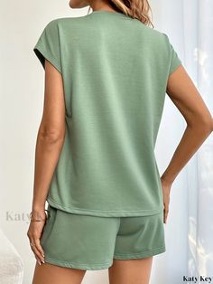 Katykey - Womens Casual Coordinated Set: Short Sleeve T-shirt & Drawstring Shorts Ensemble, Fashionable and Comfortable Wardrobe Addition Green Short Sleeve Tops For Leisure, Casual Green Tops For Relaxation, Comfortable Green Tops For Relaxation, Comfortable Green Tops, Green Cotton Tops For Relaxation, Summer Crew Neck Tops For Relaxation, Comfortable Green Tops For Loungewear, Crew Neck Tops For Summer Relaxation, Comfortable Stretch Tops For Leisure