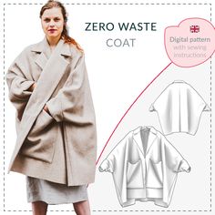 a woman wearing a coat and skirt with the text zero waste coat written below it