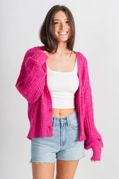 Oversized crop cardigan fuchsia - Cute Cardigan - Trendy Cardigans & Stylish Kimonos at Lush Fashion Lounge Boutique in Oklahoma City Pink Soft Knit Cropped Sweater For Fall, One Size Pink Cardigan For Fall, Pink Cozy Cropped Sweater For Spring, Cozy Pink Cropped Sweater For Fall, Cozy Pink Cropped Sweater For Spring, Pink Knit Cardigan For Layering, Pink Knit Cardigan For Casual Wear, Trendy Pink Soft Knit Outerwear, Pink One Size Long Sleeve Cardigan