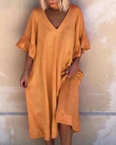 Casual Solid Tunic V-neckline Shift Dress Mode Kimono, V Neck Midi Dress, Short Sleeve Pattern, Women Midi, Loose Shorts, Sleeves (women), Dress Size Chart, Types Of Skirts, Womens Midi Dresses