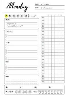 the printable monday planner is shown in black and white