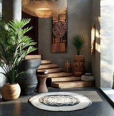 an indoor area with potted plants and decorative artwork on the wall, along with stairs