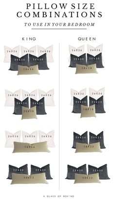 the pillow size guide for pillows is shown in black and white, with different colors