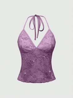 Floral Embroidered Mesh Halter Neck Top Purple Sexy   Lace Floral,Plain,All Over Print Halter Medium Stretch  Women Clothing, size features are:Bust: ,Length: ,Sleeve Length: Curly Hair Sew In, Marine Outfit, Purple Floral Top, Top Bustier, 2024 Ideas, Fashion Mirror, Sequin Decor, Loose Knit Sweaters, Halter Tops