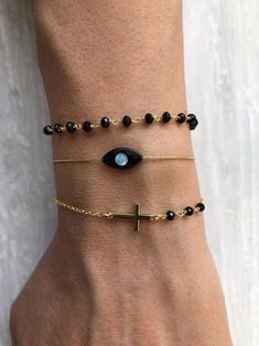 Greek Evil Eye Bracelet Black Rosary Bracelet Black Evil Eye - Etsy Rosario Bracelet, Gold Cross Bracelet, Popular Bracelets, Bracelet Evil Eye, Handmade Chain, Elegant Bracelet, Black Bracelets, Unique Bracelets, Evil Eye Pendant