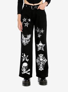 These striking black wide-leg jeans are printed with different types of skull icons (like a skull and crossbones  a skull with wings and more) and comes with a removable grommet belt.66% cotton; 23% polyester; 6% lyocell; 5% otherWash cold; dry lowRise: 13"Inseam: 27" Leg opening: 12"ImportedListed in junior sizesModel is 5'10"Model wears size 3 Black Edgy Jeans For Halloween, Black Grunge Jeans For Halloween, Edgy Black Halloween Jeans, Gothic Black Cotton Jeans, Edgy Skull Print Bottoms For Alternative Fashion, Alternative Fashion Black Bottoms With Skull Print, Edgy Bottoms With Skull Print For Alternative Fashion, Casual Black Pants With Skull Print, Black Skull Print Bottoms For Fall