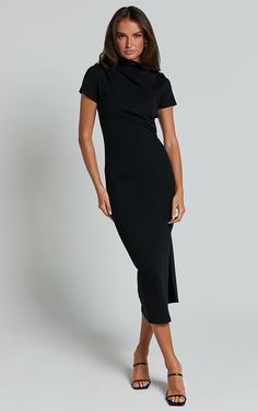 Zayna Midi Dress - Jersey Short Sleeve Dress in Black Stretch Short Sleeve Midi Dress For Evening, Sleek Short Sleeve Bodycon Dress For Night Out, Sleek Short Sleeve Midi Dress For Summer, Flattering Solid Color Midi Dress With Short Sleeves, Short Sleeve Stretch Midi Dress For Workwear, Stretch Midi Dress With Short Sleeves For Work, Stretch Midi Dress With Flattering Silhouette And Short Sleeves, Stretch Midi Dress With Short Sleeves And Flattering Silhouette, Bodycon Midi Dress With Short Sleeves And Flattering Silhouette