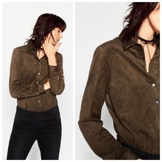 An Exquisite Wardrobe Staple From Zara Basic. Super-Soft Faux Suede Overshirt With Long Sleeves And Lace-Up Detail On Shoulders. Press Stud Fastening On Cuffs And Rounded Hem. Deep Loden/Khaki Green (Color Closest To Last Photo). Perfect For St. Patrick's Day. Brand New With Tags. Comes From A Smoke-Free Home. Brand: Zara. Size: M. Shoulder: 15". Bust: 38". Sleeve: 23". Length: 28". Zara Basics, Cream Shirt, Blue Plaid Shirt, Sequin Shirt, Zara Shirt, Sheer Shirt, Zara Basic, Long Sleeve Knit Tops, Zara Tops