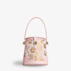 Song Brocade Fragrant Cloud Silk Bucket Bag - SinoCultural Luxury Pink Bucket Bag With Top Carry Handle, Detachable Handle Top Handle Bucket Bag As Gift, Bucket Bag With Detachable Strap And Top Handle, Gift Bucket Bag With Detachable Strap And Top Handle, Top Handle Bucket Bag With Detachable Handle As Gift, Luxury Pink Bucket Box Bag, Pink Formal Bucket Bag With Detachable Handle, Top Handle Bucket Bag As Gift, Pink Bucket Bag With Detachable Handle For Formal Occasions