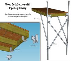 the wood dock section with pipe leg brackets is shown in two different views and features