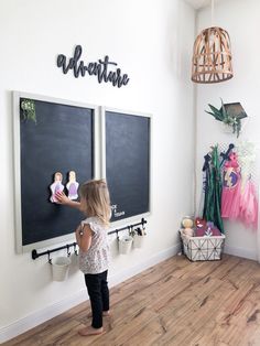 Desk With Chalkboard Wall, Black And Wood Playroom, Wall Mounted Chalkboard, Playroom Magnetic Chalkboard, Chalk And White Board Wall, Chalk Wall In Playroom, Magnetic Wall Ideas For Kids, Toy Room Layout, Make A Chalkboard Diy