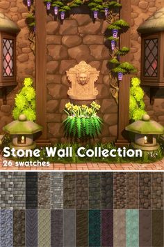 the stone wall collection is full of different colors and textures, including green foliages