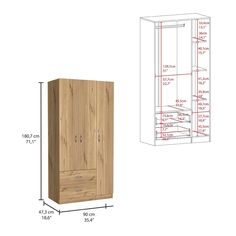 a tall wooden cabinet next to a drawing of the measurements for its doors and drawers