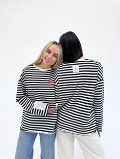 Striped Long sleeve, Breton Shirt, Oversize Wide Long Sleeve * * * * * * * * * * * * * * * * * * * * * * * * * *  A special longsleeve "Heart" will be a daily reminder that all the black and white stripes in our lives are the result of our thoughts, words and actions in the past. Comfortable and stylish at the same time, it is a perfect choice for everyday outfits, yoga, meditations and your special spiritual retreats. Also, this longsleeve can become a gift for your loved ones or can be used fo Oversized Striped Long Sleeve Sweater, Striped Long Sleeve Cotton Top, Trendy Oversized Long Sleeve Top, Oversized Cotton Long Sleeve Top For Everyday, Casual Oversized Striped Blouse, Oversized Long Sleeve Cotton Blouse, Oversized Striped Long Sleeve Sweatshirt, Striped Long Sleeve Blouse For Everyday, Everyday Striped Long Sleeve Blouse