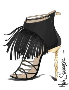 a drawing of a high heeled shoe with fringes