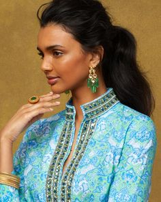 Shalimar Tunic in Turquoise and Green and Topaz Crystal Embellishment – NICOBLU Mughal Emperor, Petite Height, Porcelain Print, Green Ikat, Casual Luxe, Topaz Crystal, New Canaan, Mint Julep, Robins Egg Blue