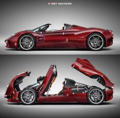 an image of a red sports car with its doors open and the hood up in two different views