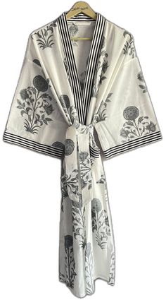 White Kimono Sleeve Sleepwear For Home, Printed Sleepwear With Kimono Sleeves For Loungewear, White Sleepwear With Kimono Sleeves, White Sleepwear With Kimono Sleeves For Loungewear, White Kimono Sleeve Dresses For Loungewear, Bath Robes For Women, Hand Printed Fabric, Cotton Kimono, Bridesmaid Robes