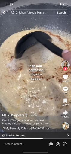 someone is cooking food in a skillet on the stove with an iphone app showing them how to cook