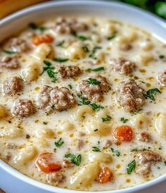 a bowl of soup with meatballs and carrots