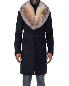 Alistair Black Coat with Crystal Fox Collar – WELTHĒ NYC Russian Coat, Alligator Dress Shoes, Fox Collar, Mens Fur Coat, Mens Joggers Sweatpants, Cream Coat, Black Russian, Mens Fur, Black Wool Coat