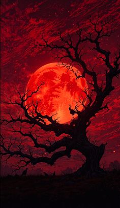 a painting of a tree with the moon in the background and red clouds above it