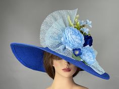 "Vogue hats are perfect for horse racing events, church, the Kentucky derby, weddings, garden tea parties and charity events. 100% Brand new, hand made and high quality. Please feel free to ask me any questions or special requests. Please visit my other shop https://www.etsy.com/shop/BridalWorldAccessory One size hat.(20\" - 22.\") Adjustable inner band. Brim is approx. 6\" Thank you for visiting my shop." Spring Blue Fascinator For Garden Party, Blue Spring Fascinator For Garden Party, Light Blue Hat For Royal Ascot Races, Fitted Royal Blue Hat For Summer, Fitted Light Blue Mini Hat For Kentucky Derby, Blue Mini Hats For Summer Races, Blue Fascinator For Royal Ascot Garden Party, Royal Blue Evening Hat For Summer, Blue Fascinator For Garden Party At Royal Ascot