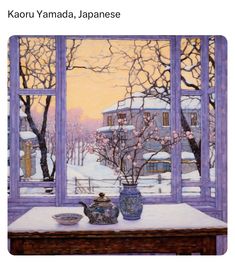 an image of a painting of a window in the snow with teapots and cups