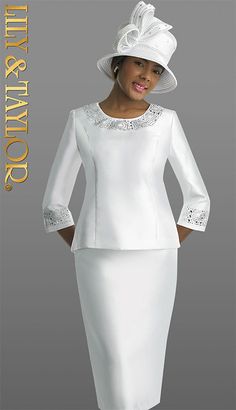 Introducing the Lily And Taylor 3219 Church Suit, a testament to classic style and modern sophistication. Designed for women who appreciate elegance and attention to detail, this two-piece suit is the epitome of chic attire for church events and other special occasions. The pristine suit is crafted from high-quality fabric with an understated sheen that catches the light beautifully, ensuring you look impeccable from every angle. The tailored fit flatters the figure without compromising on comfo Classic Fitted Satin Suit, Tailored Satin Elegant Suit, Elegant Fitted Party Sets, Classic Long Sleeve Evening Sets, Fitted Elegant Spring Suits, Elegant Fitted Spring Suits, Spring Formal Satin Suits, Elegant Fitted Suits For Spring, Classic Long Sleeve Wedding Sets