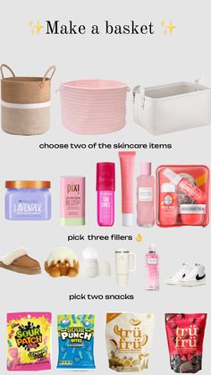 the contents of a basket are shown in this graphic above it is an image with text that reads, make a basket choose two of the skincare items pick three fillers