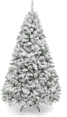 a white christmas tree with snow on the top and bottom branches, in front of a white background