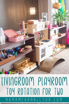 the living room playroom is filled with toys