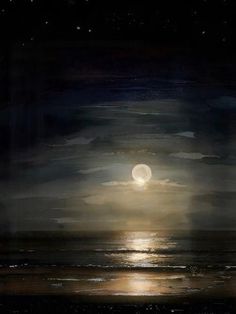 an oil painting of the moon setting over the ocean with dark clouds and stars in the sky