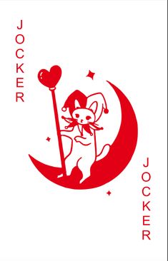 a red and white image of a mouse on top of a crescent with the word joker