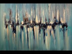 an abstract painting with blue and white colors on the water, trees in the background