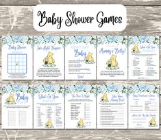 baby shower game with winnie the pooh on it and blue flowers in the background