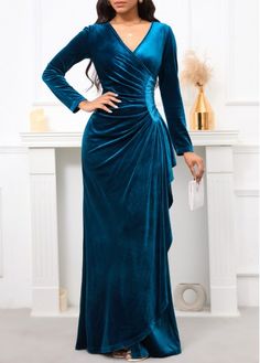 Blue Velvet Long Sleeve Dress, Peacock Color Dress, Blue V Neck Dress, Velvet Long Sleeve Dress, Long Sleeve Dresses Fall, Long Sleeve Velvet Dress, Blue Long Sleeve Dress, Color Inspo, Blue V