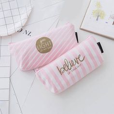 Kawaii Cute Pink Grid Believe/ Light up my life Canvas Pencil Cute Pencil Pouches, Girly Office, Pencil Pouches, Cute Pencil, School Supply, Cricut Craft, Stationery Storage, Pencil Bag, Kawaii Stationery