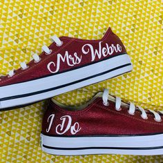 Mrs. Burgundy Glitter Shoes-Shoes-ButterMakesMeHappy Burgundy Wine Wedding, Wedding Vans, Going To The Chapel, Glitter Converse, Custom Wedding Shoes, Converse Hi, Wedding Converse, Burgundy Shoes, Glitter Wedding