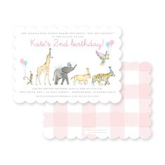 a pink and white checkered birthday card with an elephant, giraffe, zebra, tiger, monkey, bird