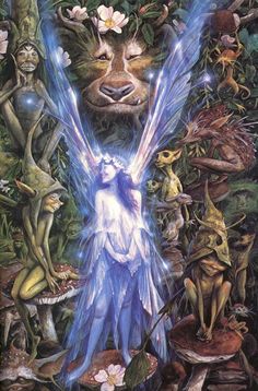 an image of a group of people surrounded by plants and animals with their faces in the air