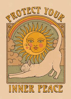 a white cat laying on top of a sun with the words protect your inner peace