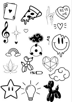 some black and white drawings with hearts, stars, and other things on it's side