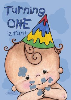 a card with a baby wearing a birthday hat on it's head and the words turning one