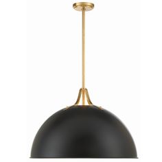 a black and gold pendant light on a white background