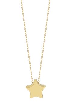 A polished star-shaped pendant shines on this delicate necklace handcrafted of gleaming 14-karat gold. 14k gold Imported Formal Gold Necklace With Star Charm, Elegant Star Charm Necklace, Tarnish Resistant, Elegant Star-shaped Tarnish Resistant Charm Necklace, Yellow Gold Sterling Silver Star Charm Necklace, Sterling Silver Star Charm Necklace In Yellow Gold, Classic Star-shaped Necklace As Gift, Classic Star-shaped Necklace For Gift, Classic Star Shaped Necklace For Gift, Yellow Gold Starburst Necklace As Gift